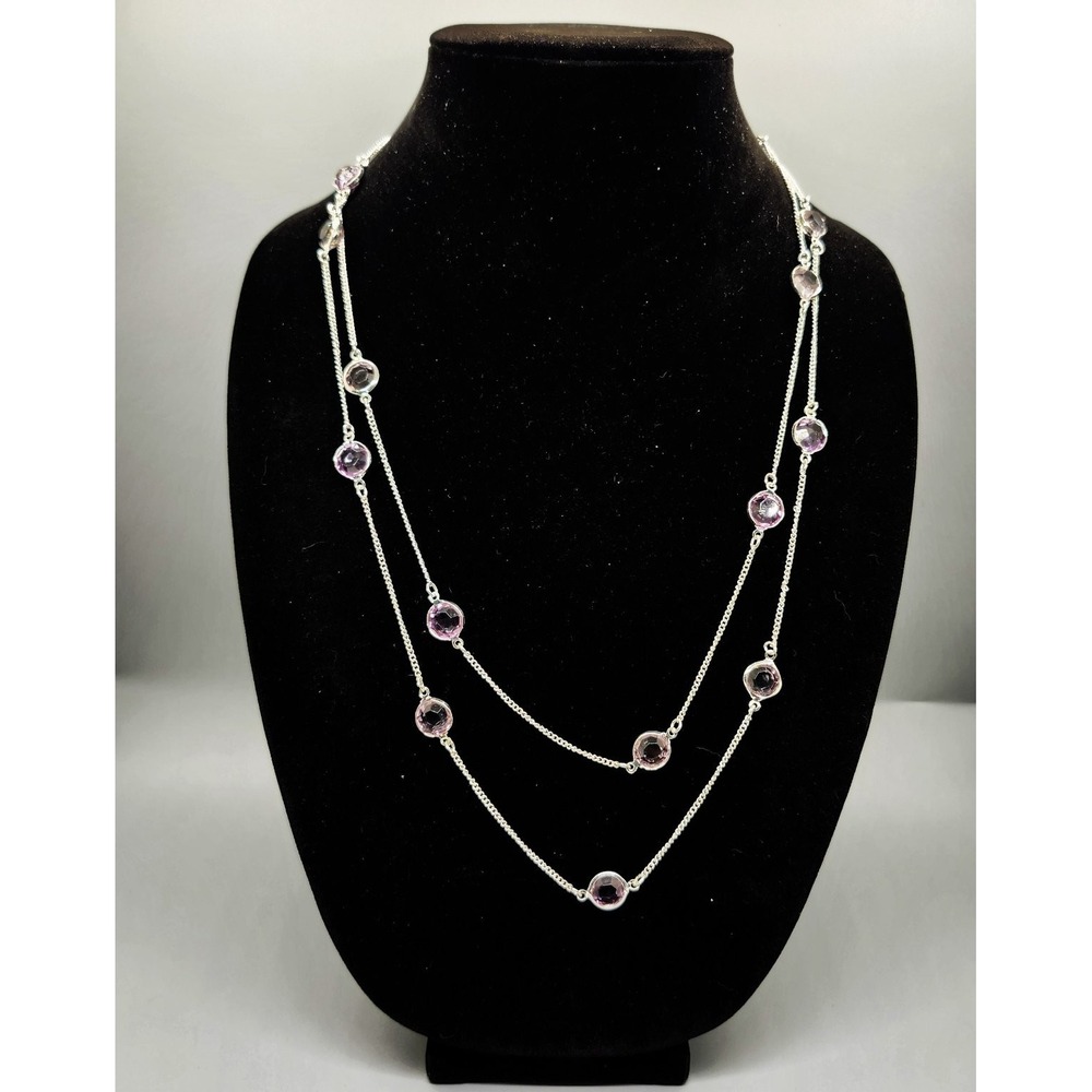 Long Station Necklace Purple Gemstone Bezel Set Silver Tone Chain Multi-Wear